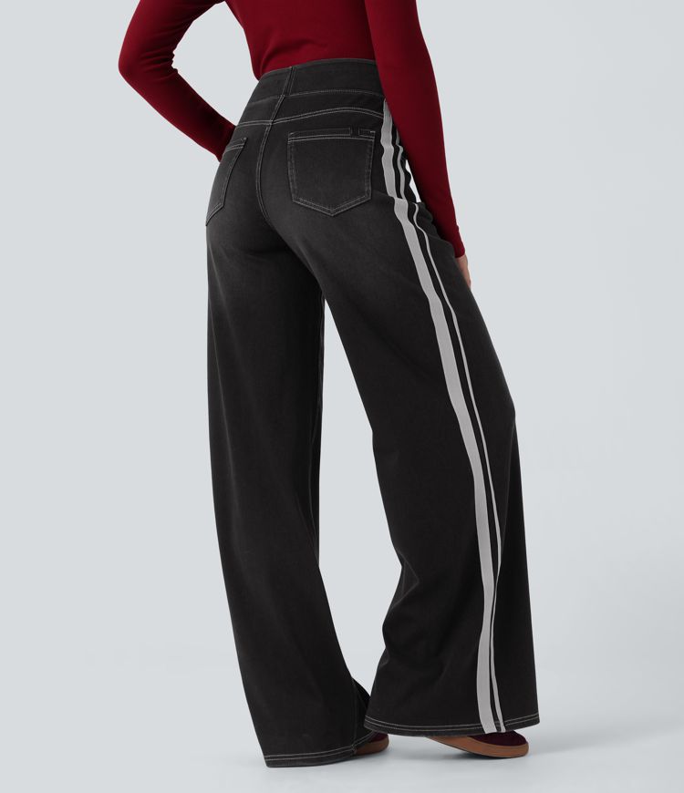 Halara Flex™ High Waisted Stripe Wide Leg Flowy Washed Casual Jeans with Pockets