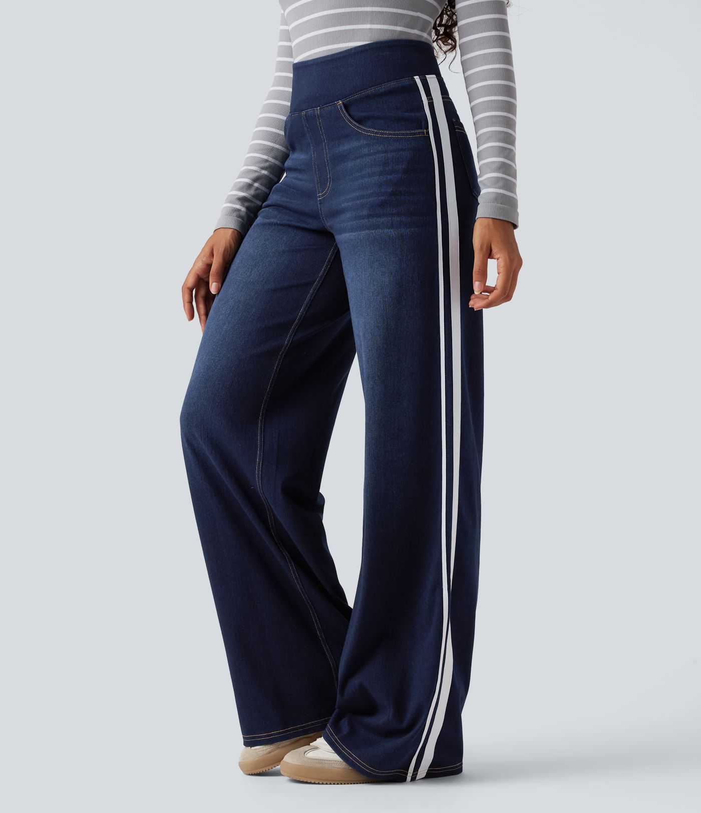 Halara Flex™ High Waisted Stripe Wide Leg Flowy Washed Casual Jeans with Pockets