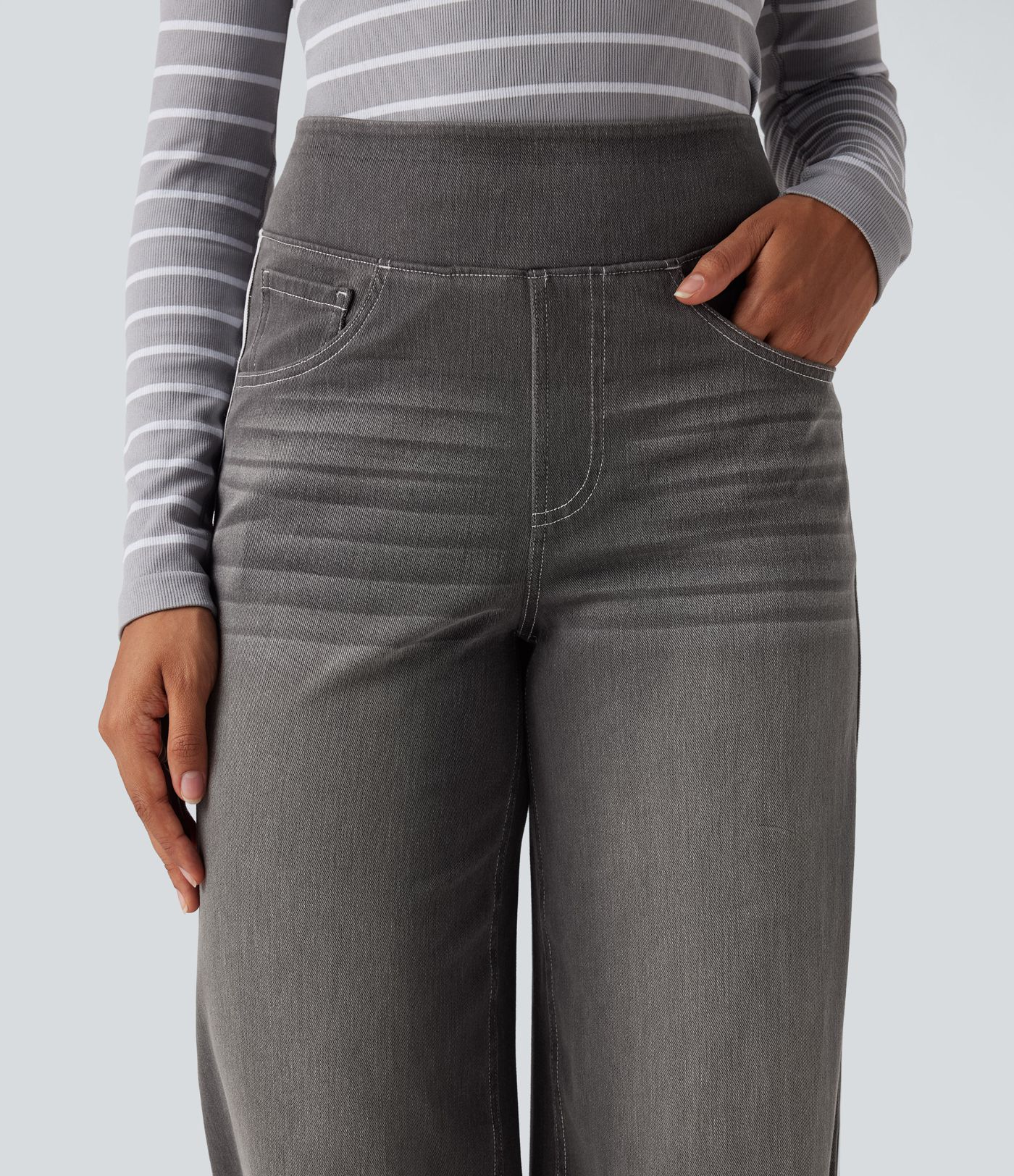 Halara Flex™ High Waisted Stripe Wide Leg Flowy Washed Casual Jeans with Pockets