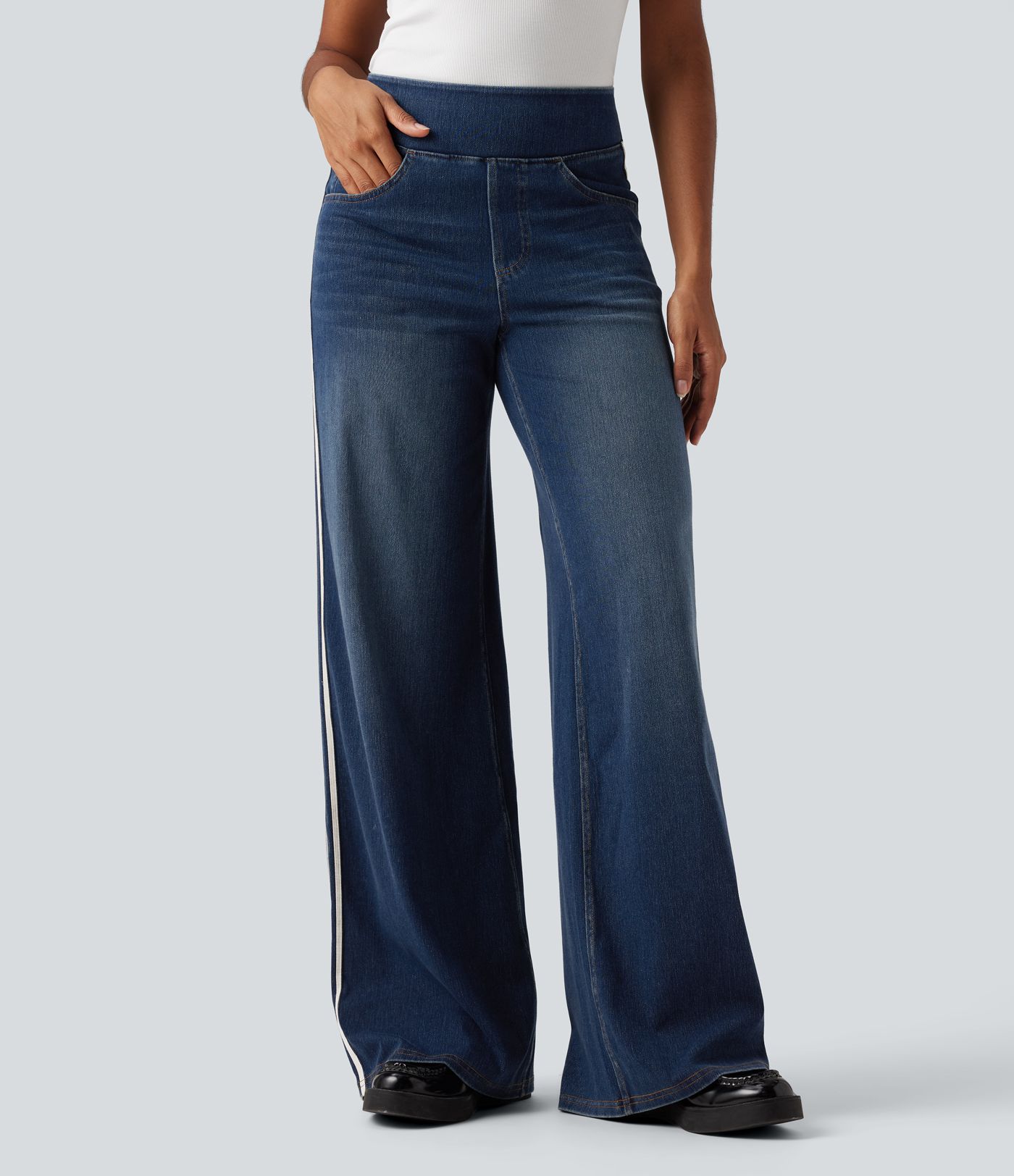 Halara Flex™ High Waisted Stripe Wide Leg Flowy Washed Casual Jeans with Pockets