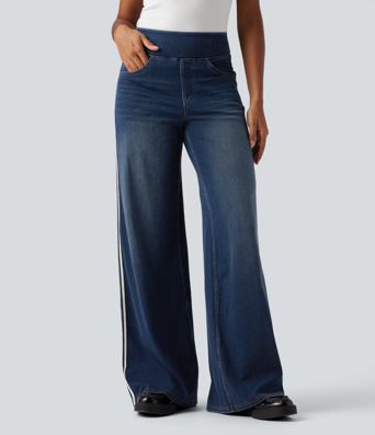 Halara Flex™ High Waisted Stripe Wide Leg Flowy Washed Casual Jeans with Pockets