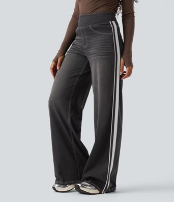 Halara Flex™ High Waisted Stripe Wide Leg Flowy Washed Casual Jeans with Pockets