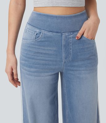 Halara Flex™ Gestreepte casual jeans met hoge taille, wijd uitlopende pijpen, losvallend, gewassen, met zakken