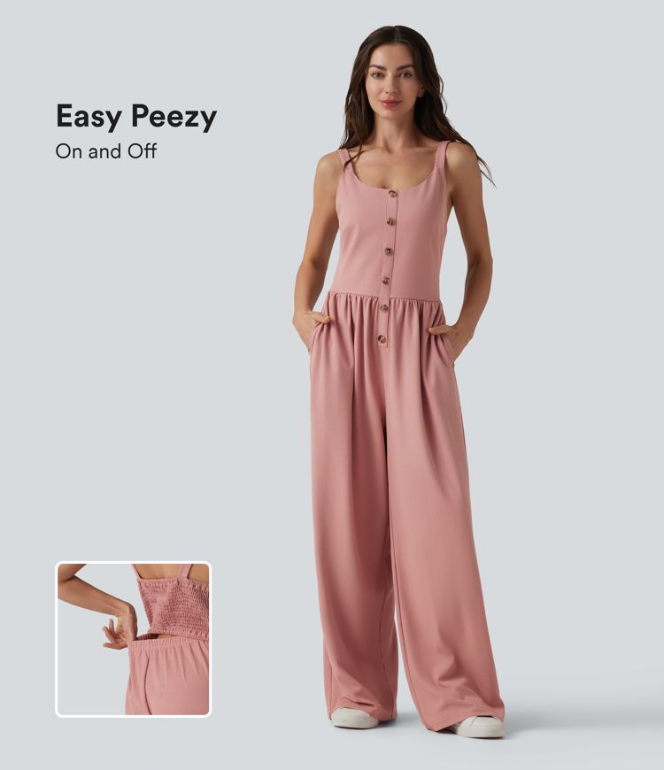 Combinaison casual large en tissu gaufré col U sans manches avec fronces, boutons décoratifs et poches — Easy Peasy