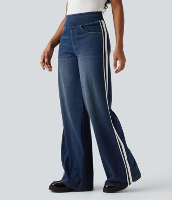 Halara Flex™ High Waisted Stripe Wide Leg Flowy Washed Casual Jeans with Pockets