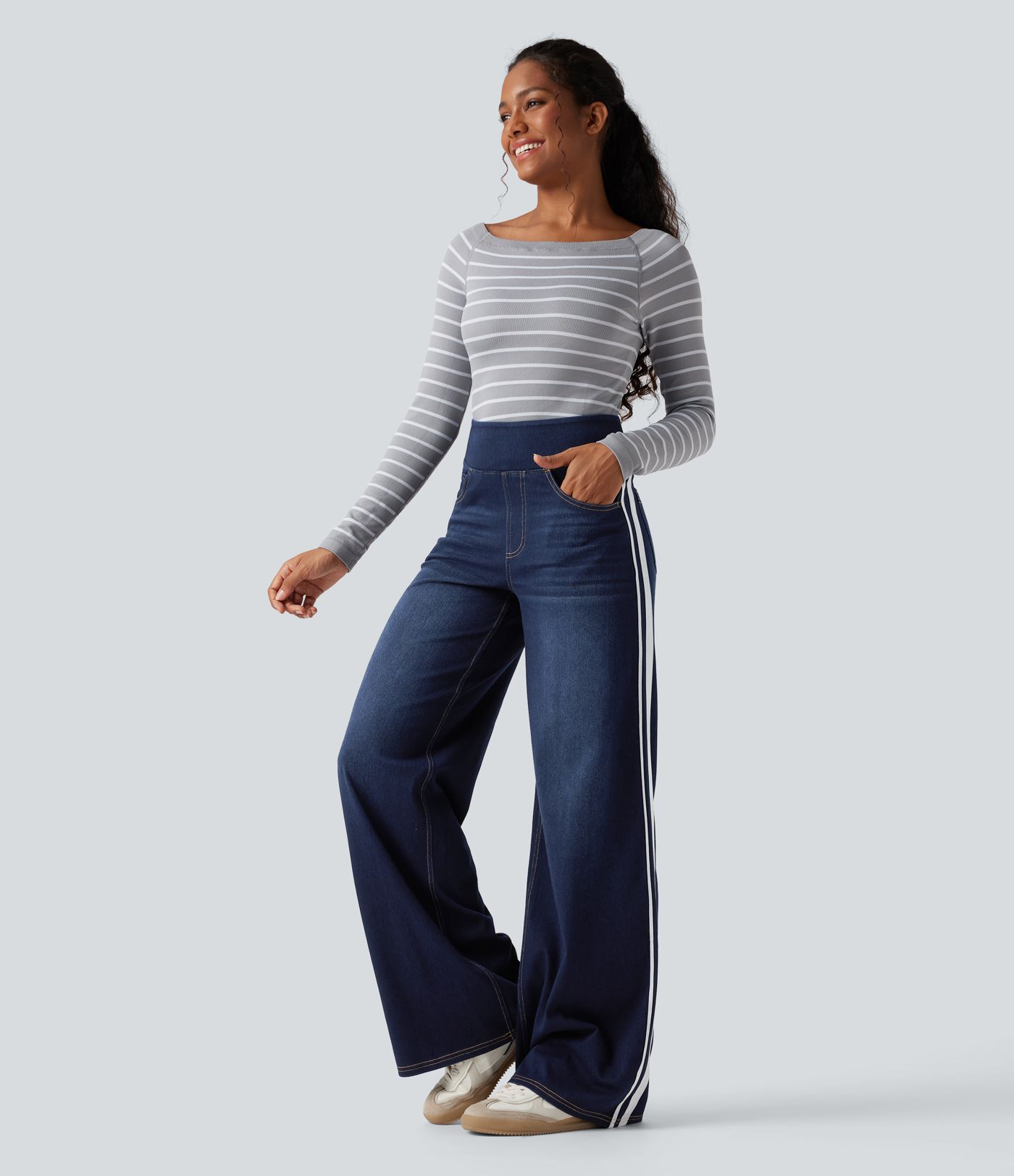 Halara Flex™ High Waisted Stripe Wide Leg Flowy Washed Casual Jeans with Pockets
