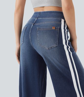 Halara Flex™ High Waisted Stripe Wide Leg Flowy Washed Casual Jeans with Pockets Halara Flex™ High Waisted Stripe Wide Leg Flowy Washed Casual Jeans with Pockets
