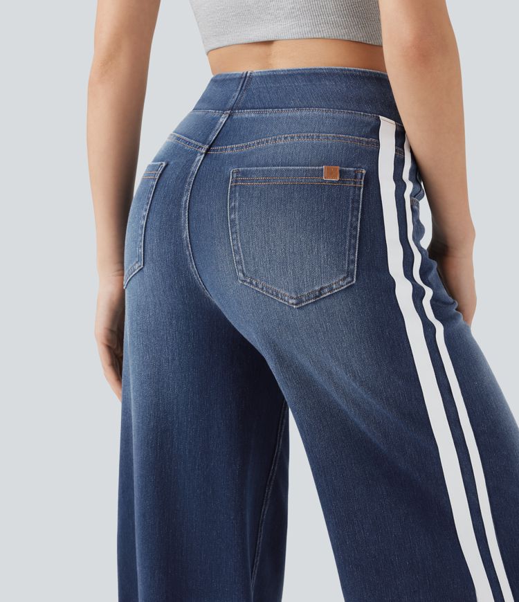 Halara Flex™ High Waisted Stripe Wide Leg Flowy Washed Casual Jeans with Pockets Halara Flex™ High Waisted Stripe Wide Leg Flowy Washed Casual Jeans with Pockets