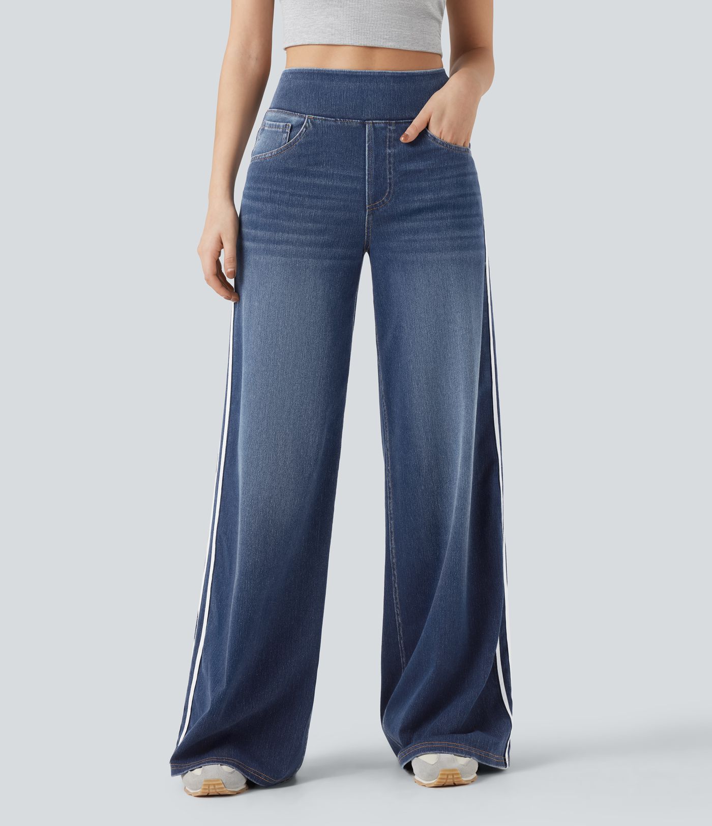 Halara Flex™ High Waisted Stripe Wide Leg Flowy Washed Casual Jeans with Pockets Halara Flex™ High Waisted Stripe Wide Leg Flowy Washed Casual Jeans with Pockets