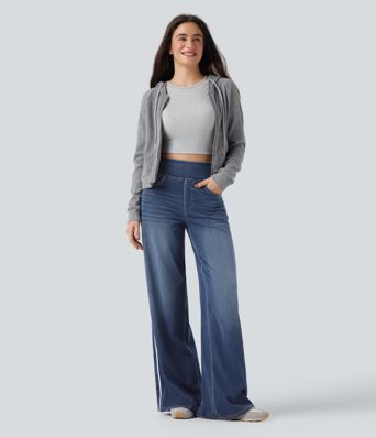 Halara Flex™ High Waisted Stripe Wide Leg Flowy Washed Casual Jeans with Pockets Halara Flex™ High Waisted Stripe Wide Leg Flowy Washed Casual Jeans with Pockets