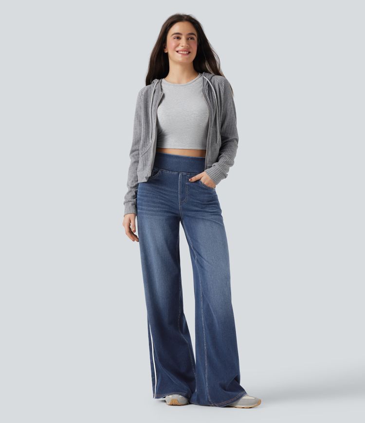 Halara Flex™ High Waisted Stripe Wide Leg Flowy Washed Casual Jeans with Pockets Halara Flex™ High Waisted Stripe Wide Leg Flowy Washed Casual Jeans with Pockets