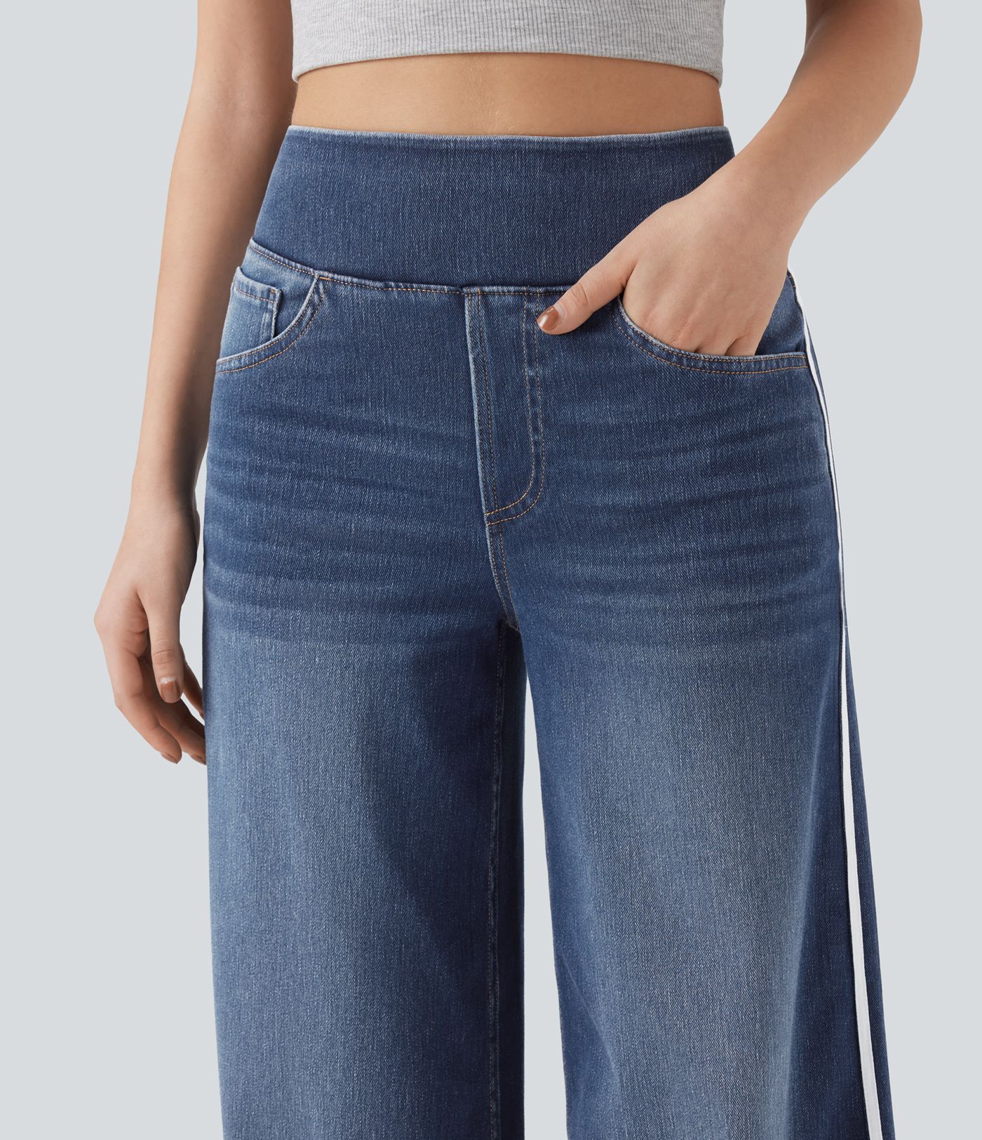 Halara Flex™ High Waisted Stripe Wide Leg Flowy Washed Casual Jeans with Pockets Halara Flex™ High Waisted Stripe Wide Leg Flowy Washed Casual Jeans with Pockets