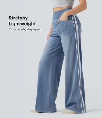 Halara Flex™ Gestreepte casual jeans met hoge taille, wijd uitlopende pijpen, losvallend, gewassen, met zakken