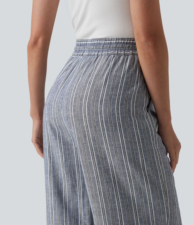 High Waisted Drawstring Stripes Linen Work Baggy Pants with Pockets