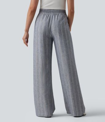 High Waisted Drawstring Stripes Linen Work Baggy Pants with Pockets