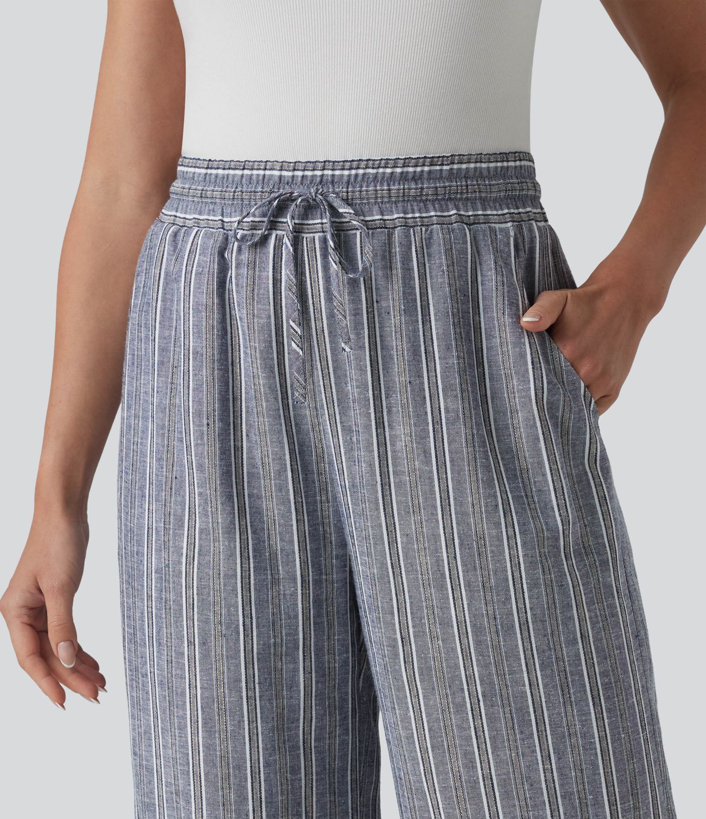 High Waisted Drawstring Stripes Linen Work Baggy Pants with Pockets