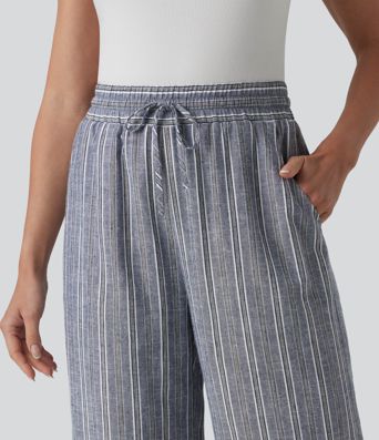 High Waisted Drawstring Stripes Linen Work Baggy Pants with Pockets