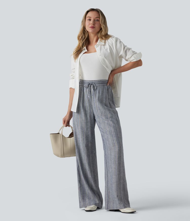 High Waisted Drawstring Stripes Linen Work Baggy Pants with Pockets