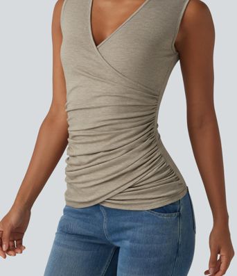 V Neck Crossvoer Ruched Casual Tank Top