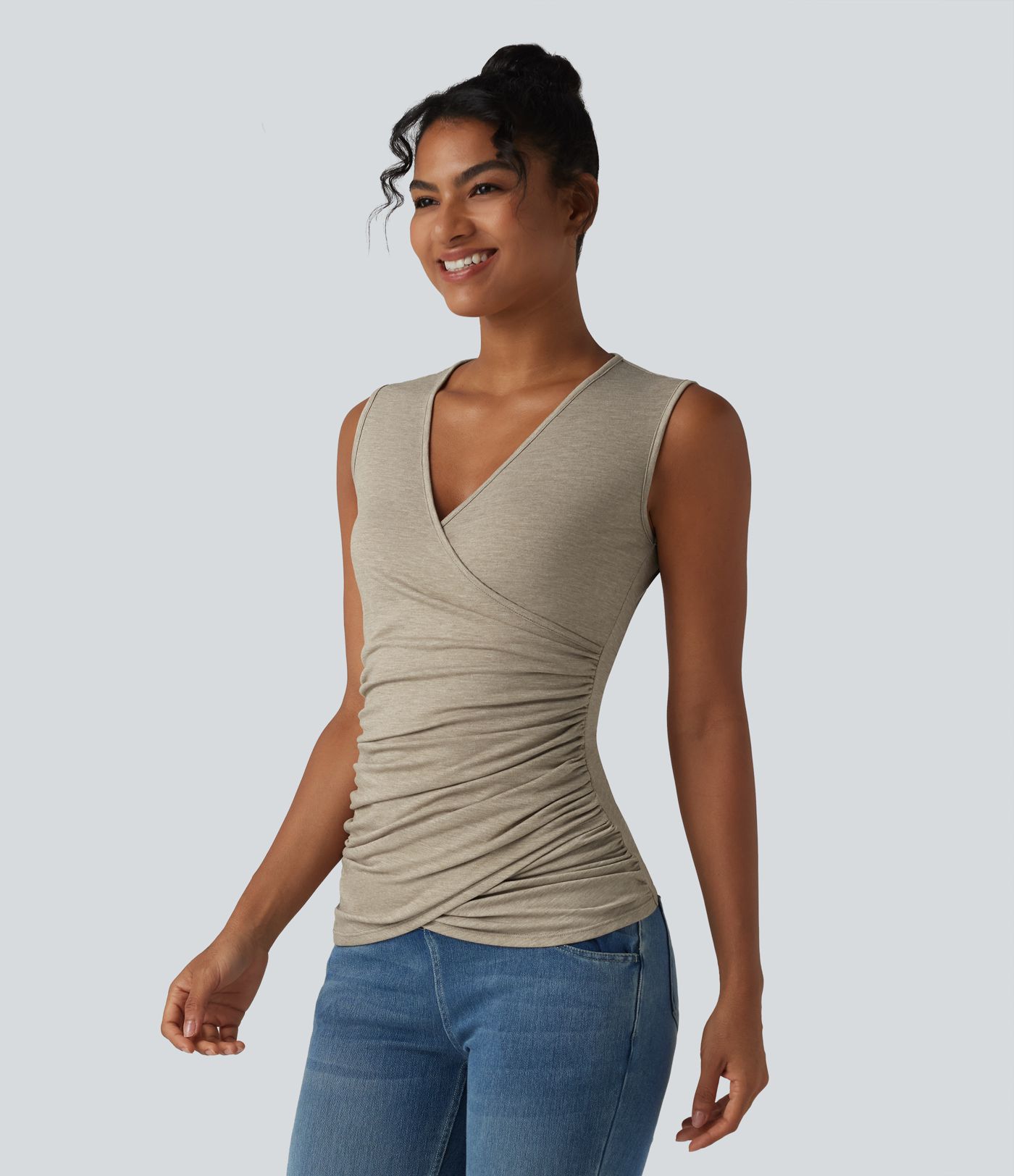 V Neck Crossvoer Ruched Casual Tank Top
