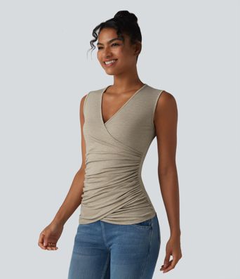 V Neck Crossvoer Ruched Casual Tank Top