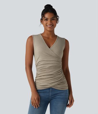 V Neck Crossvoer Ruched Casual Tank Top
