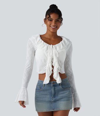 Lässiges Top mit langen Volantärmeln, Spitze und asymmetrischem Rüschendesign