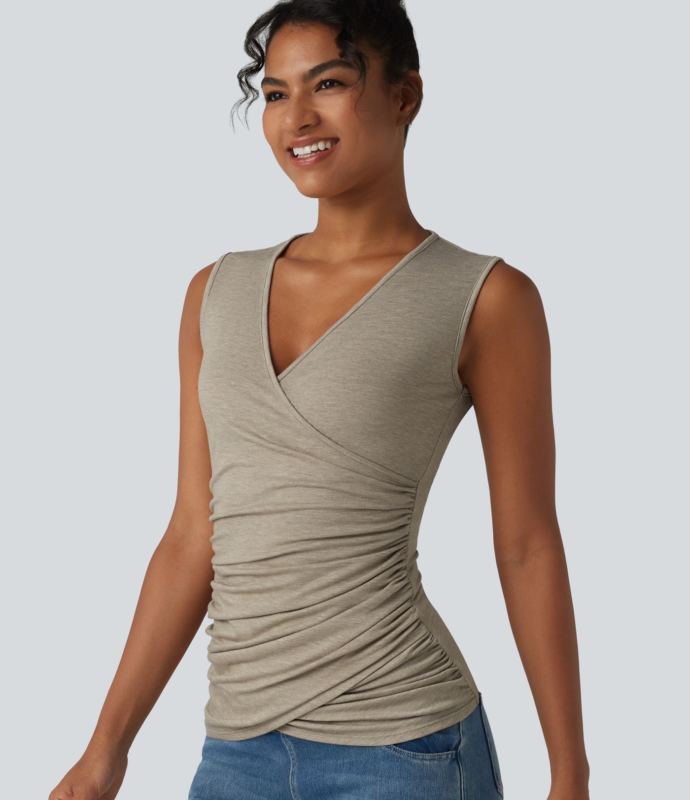 V Neck Crossvoer Ruched Casual Tank Top