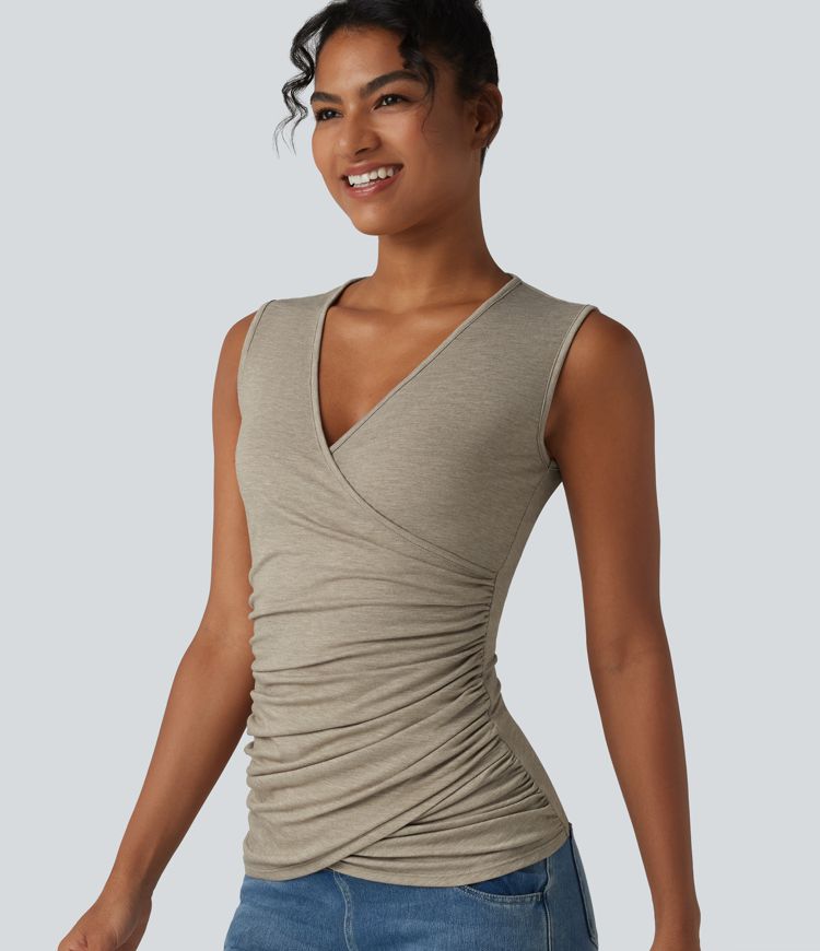 V Neck Crossvoer Ruched Casual Tank Top