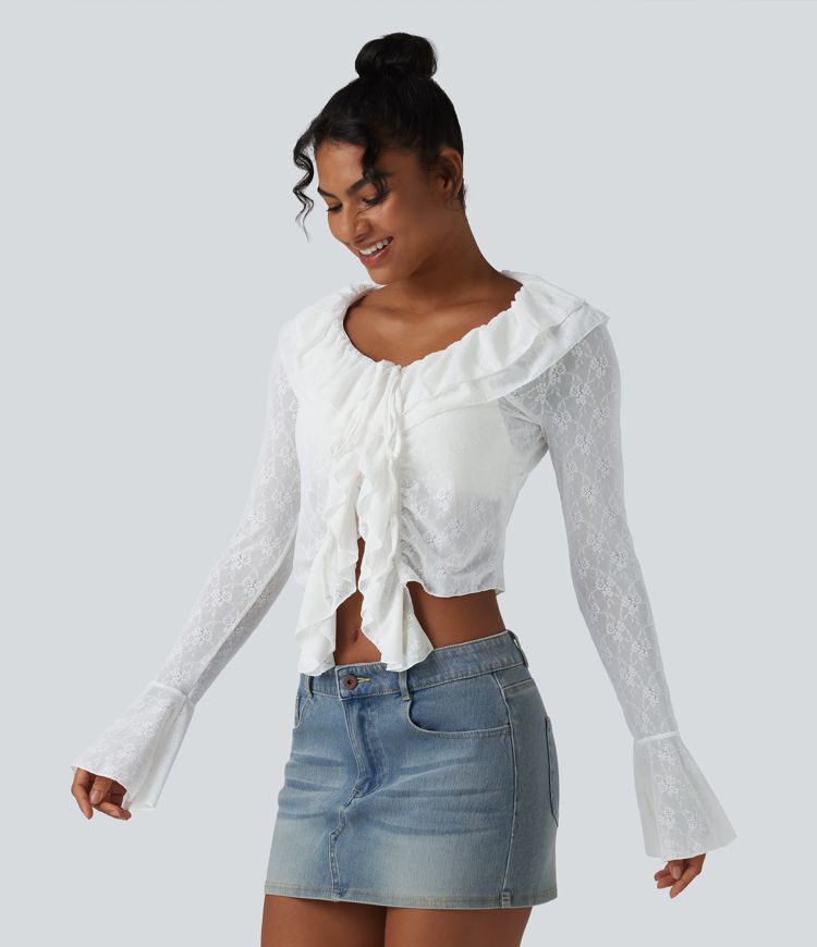 Lässiges Top mit langen Volantärmeln, Spitze und asymmetrischem Rüschendesign