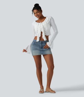 Lässiges Top mit langen Volantärmeln, Spitze und asymmetrischem Rüschendesign