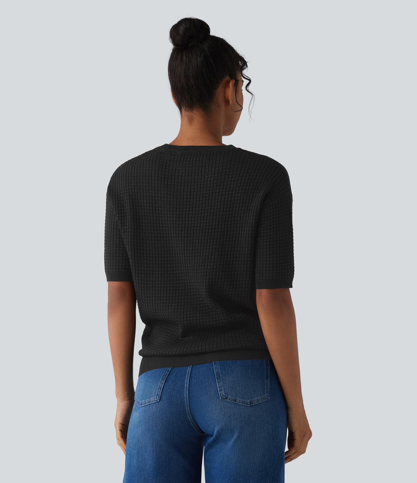 Round Neck Short Sleeve Waffle Casual Sweater
