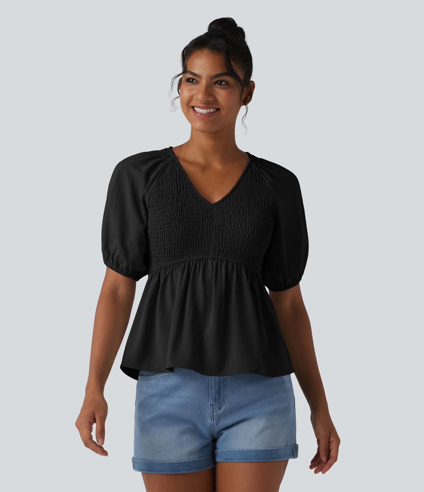 V Neck Puff Short Sleeve Shirred Casual Blouse V Neck Puff Short Sleeve Shirred Casual Blouse