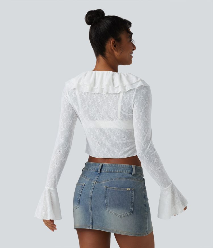 Lässiges Top mit langen Volantärmeln, Spitze und asymmetrischem Rüschendesign