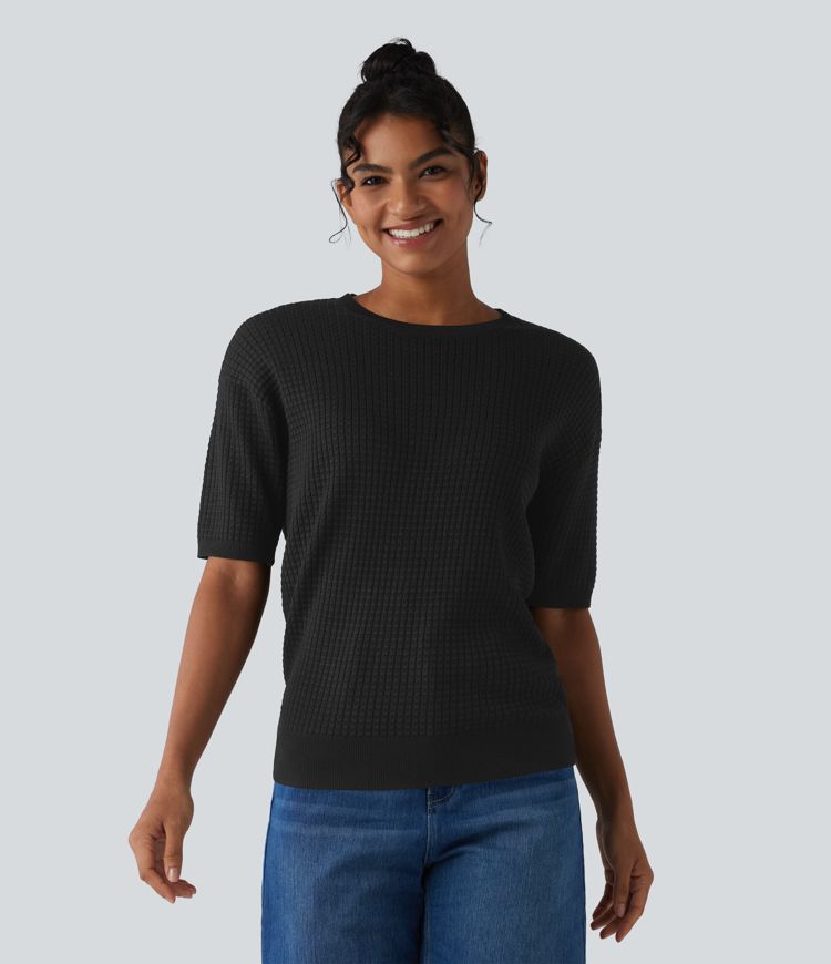 Round Neck Short Sleeve Waffle Casual Sweater
