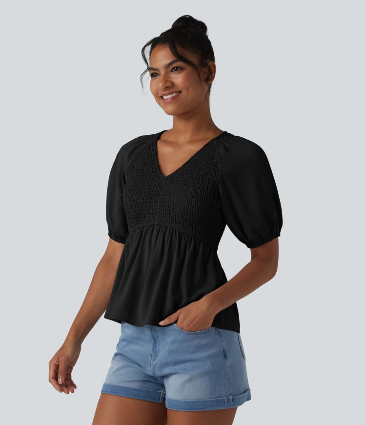 V Neck Puff Short Sleeve Shirred Casual Blouse V Neck Puff Short Sleeve Shirred Casual Blouse
