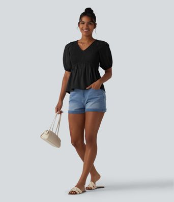 V Neck Puff Short Sleeve Shirred Casual Blouse V Neck Puff Short Sleeve Shirred Casual Blouse
