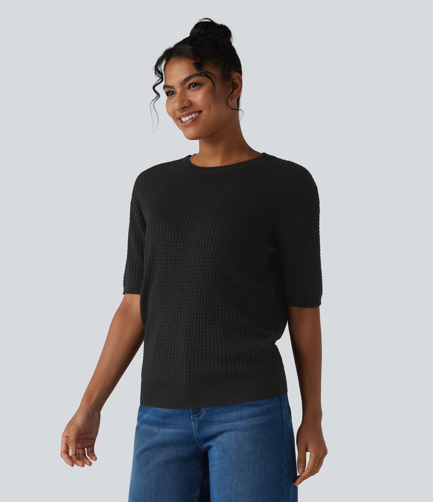 Round Neck Short Sleeve Waffle Casual Sweater