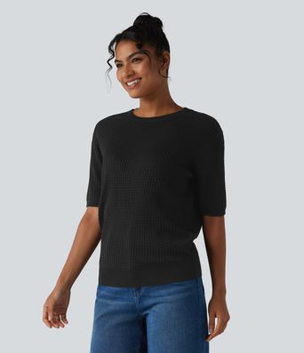 Round Neck Short Sleeve Waffle Casual Sweater