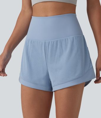 High Waisted Tummy Control Eyelet 2-in-1 Yoga Shorts 2.5'' with Pocket