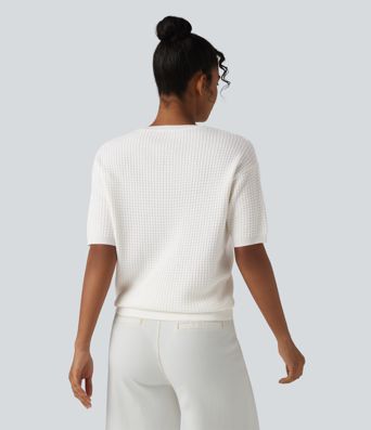 Lässiger Pullover mit Rundhalsausschnitt, kurzen Ärmeln und Waffelstoff