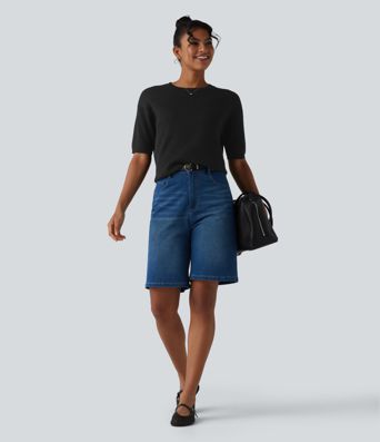 Round Neck Short Sleeve Waffle Casual Sweater