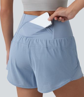 High Waisted Tummy Control Eyelet 2-in-1 Yoga Shorts 2.5'' with Pocket