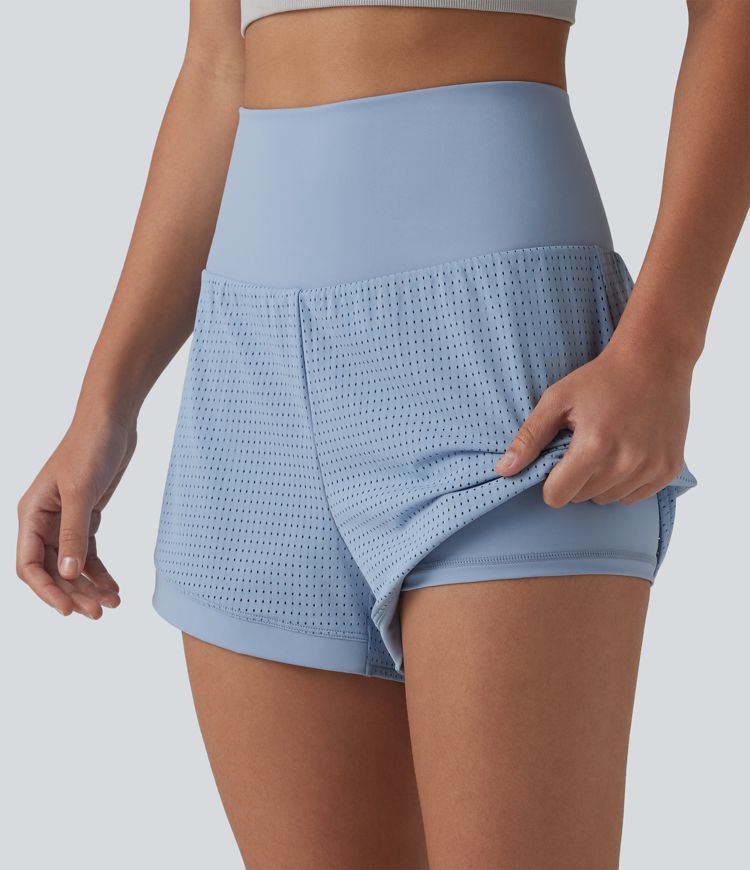 High Waisted Tummy Control Eyelet 2-in-1 Yoga Shorts 2.5'' with Pocket