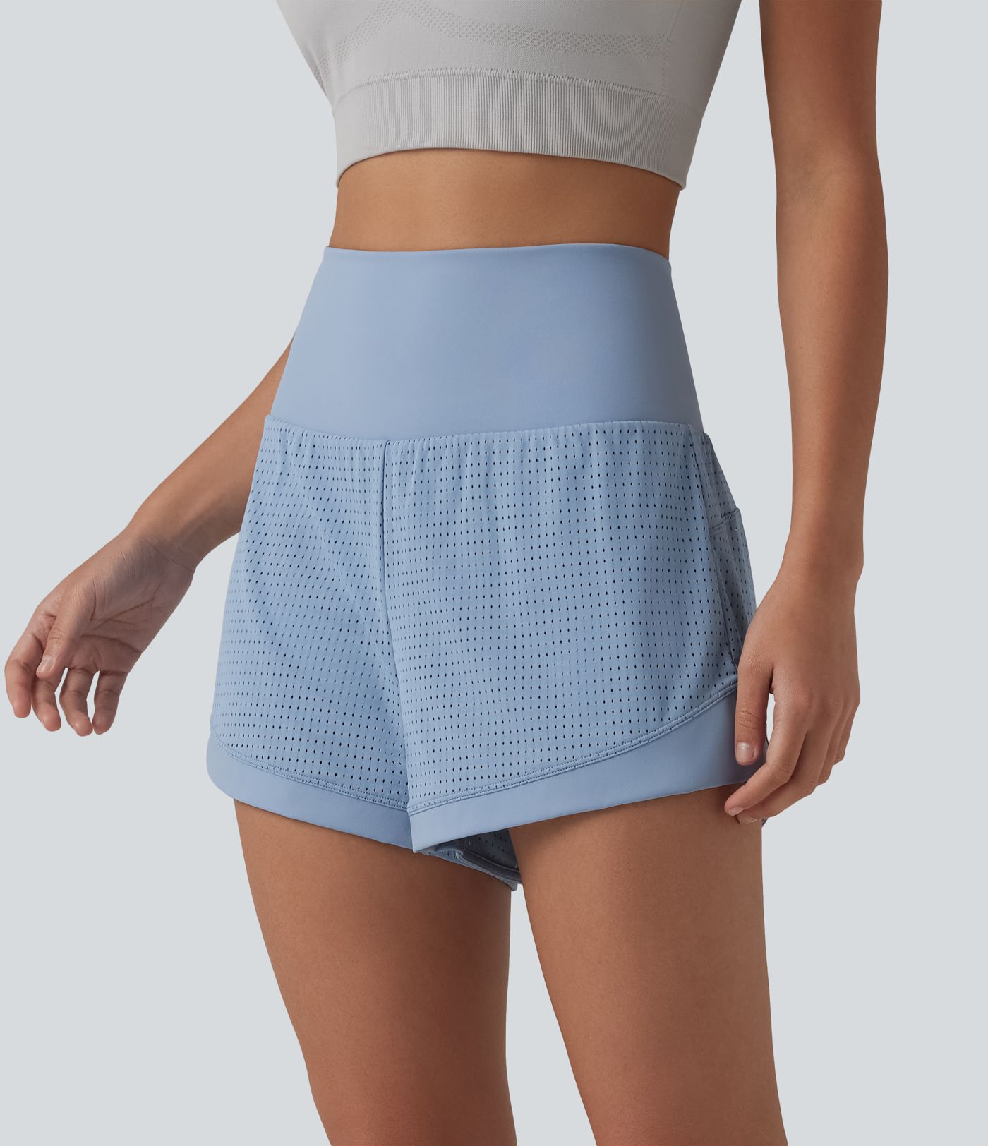 High Waisted Tummy Control Eyelet 2-in-1 Yoga Shorts 2.5'' with Pocket