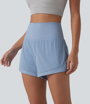 High Waisted Tummy Control Eyelet 2-in-1 Yoga Shorts 2.5'' with Pocket