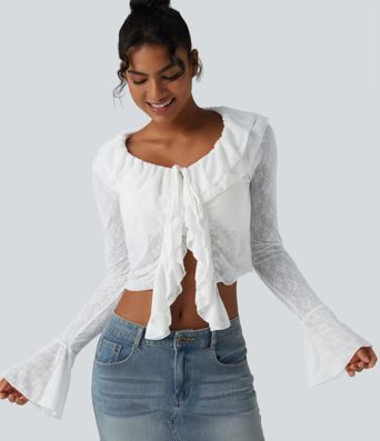 Lässiges Top mit langen Volantärmeln, Spitze und asymmetrischem Rüschendesign