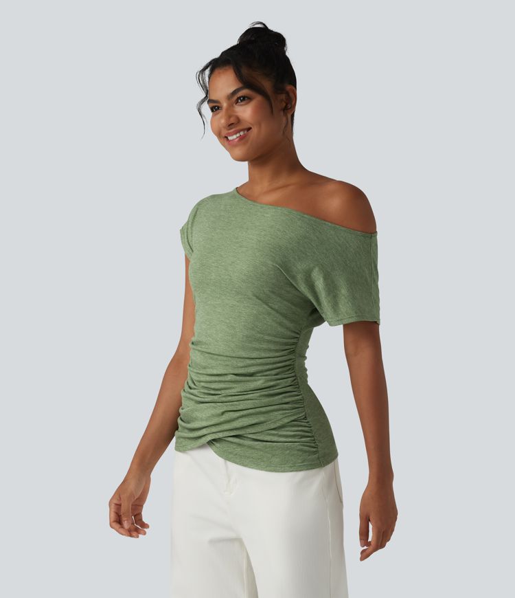 Haut décontracté à une épaule et manches courtes froncées
