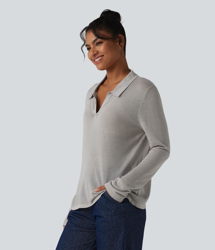 Polo Neck Long Sleeve Lyocell Linen Casual Sweater