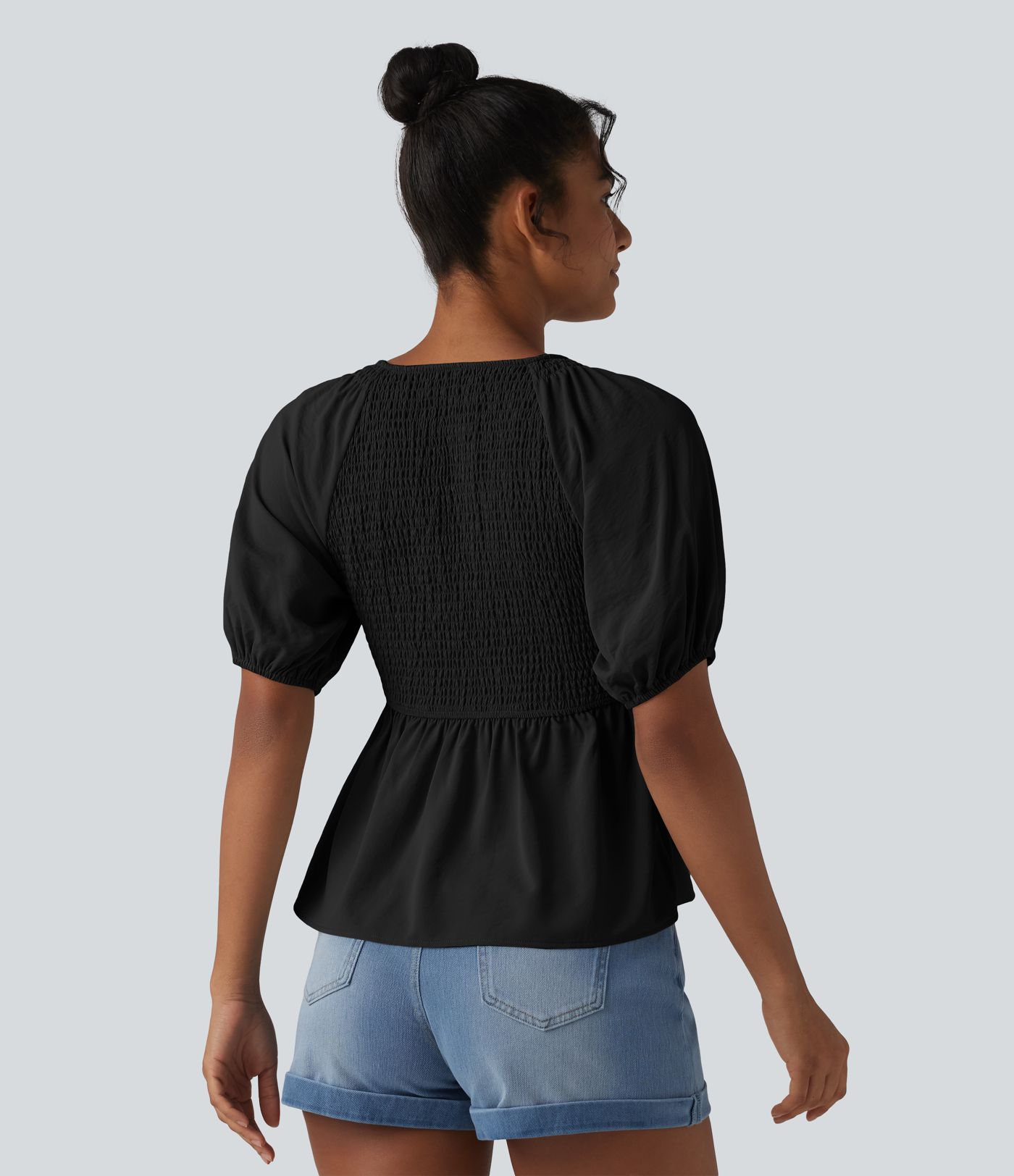 V Neck Puff Short Sleeve Shirred Casual Blouse V Neck Puff Short Sleeve Shirred Casual Blouse